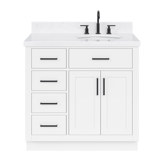 Ariel Hepburn 36 In. Right Offset Oval Sink Bathroom Vanity With Carrara White Quartz Countertop 1.5 Edge In White
