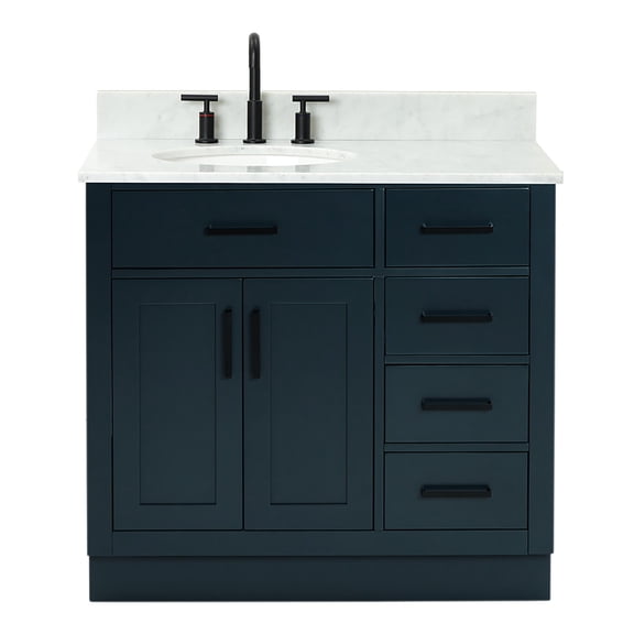 Ariel Hepburn 37 In. Left Offset Oval Sink Vanity With 0.75 In. Carrara White Countertop In Midnight Blue