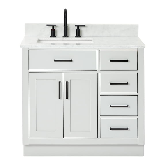 Ariel Hepburn 37 In. Left Offset Rectangle Sink Vanity With 0.75 In. Carrara White Countertop In Grey