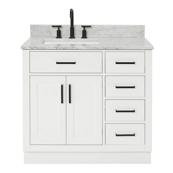 Ariel Hepburn 37 In. Left Offset Rectangle Sink Vanity With 0.75 In. Carrara White Countertop In White
