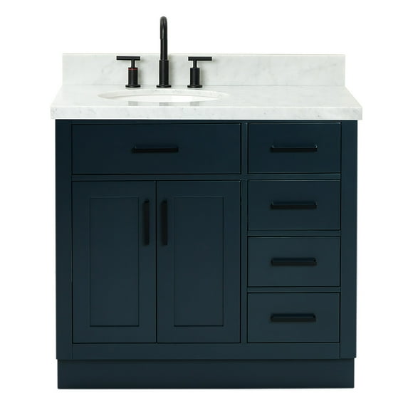 Ariel Hepburn 37 In. Left Offset Oval Sink Vanity With 1.5 In. Carrara White Countertop In Midnight Blue