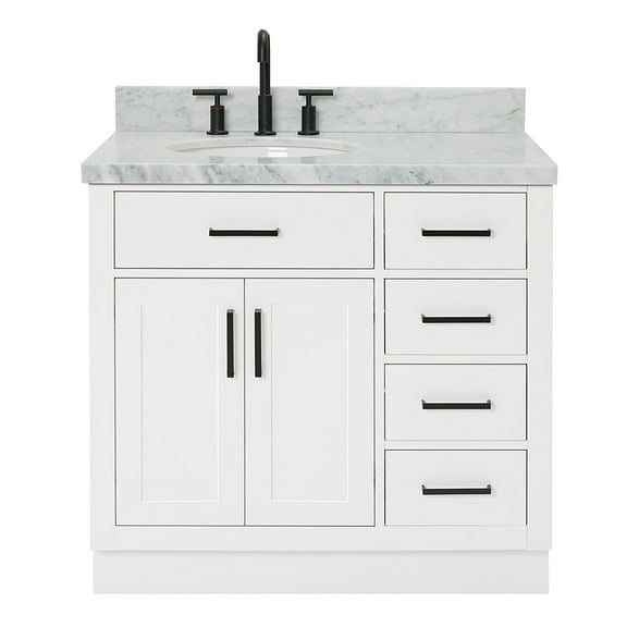 Ariel Hepburn 37 In. Left Offset Oval Sink Vanity With 1.5 In. Carrara White Countertop In White