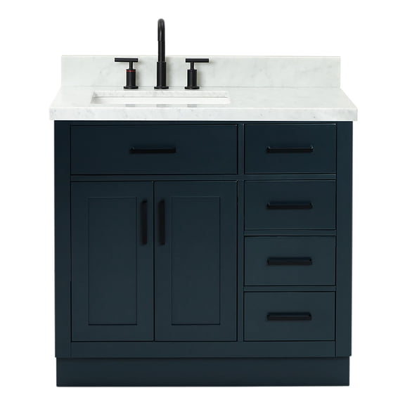Ariel Hepburn 37 In. Left Offset Rectangle Sink Vanity With 1.5 In. Carrara White Countertop In Midnight Blue