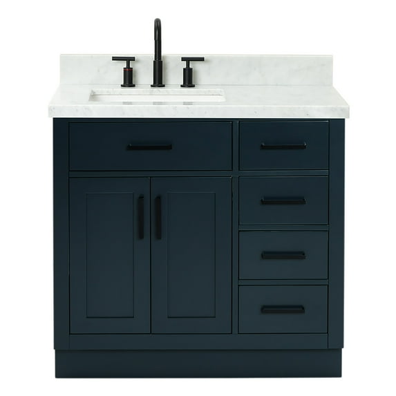 Ariel Hepburn 37 In. Left Offset Rectangle Sink Vanity With 1.5 In. Carrara White Countertop In Midnight Blue