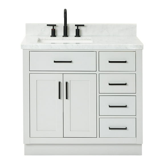 Ariel Hepburn 37 In. Left Offset Rectangle Sink Vanity With 1.5 In. Carrara White Countertop In Grey
