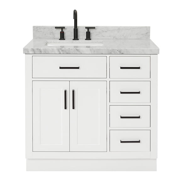 Ariel Hepburn 37 In. Left Offset Rectangle Sink Vanity With 1.5 In. Carrara White Countertop In White