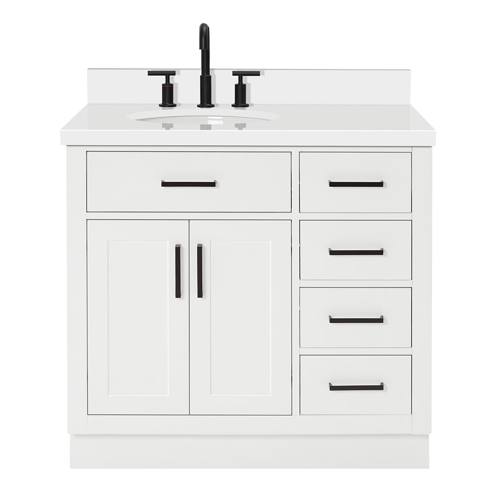 White Hardwood Freestanding Single Vanity with Quartz Top