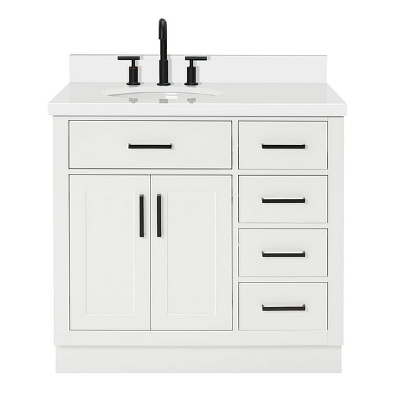 Ariel Hepburn 37 In. Left Offset Oval Sink Vanity With White Quartz Countertop 1.5" Edge In White