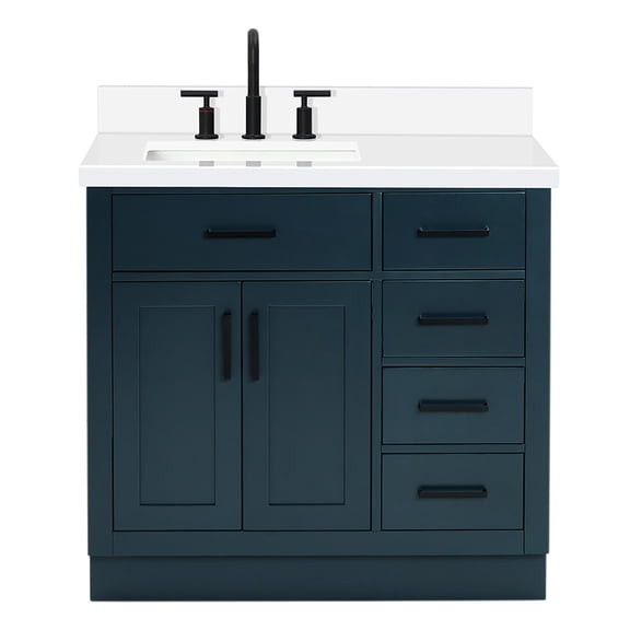 ARIEL Hepburn 37" Midnight Blue Bathroom Vanity with Sink, 1.5" Edge Quartz Countertop, Solid Wood, Left Rectangular Single Sink, 2 Soft Closing Doors, 5 Full Extension Dovetail Drawers, Toe Kick