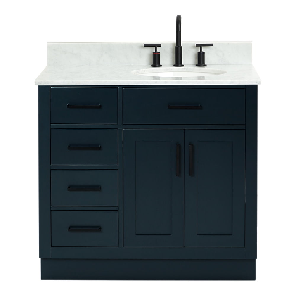 Midnight Blue 37" Freestanding Vanity with White Marble Top