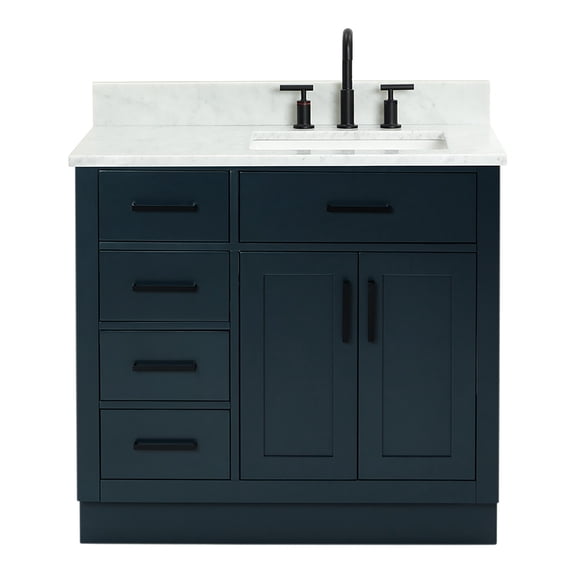 Ariel Hepburn 37 In. Right Offset Rectangle Sink Vanity With 0.75 In. Carrara White Countertop In Midnight Blue