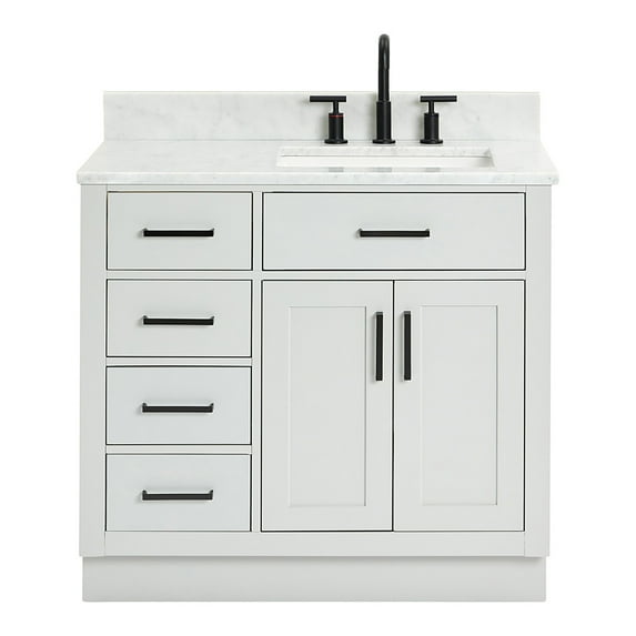 Ariel Hepburn 37 In. Right Offset Rectangle Sink Vanity With 0.75 In. Carrara White Countertop In Grey