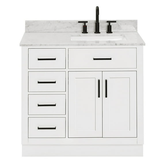 Ariel Hepburn 37 In. Right Offset Rectangle Sink Vanity With 0.75 In. Carrara White Countertop In White