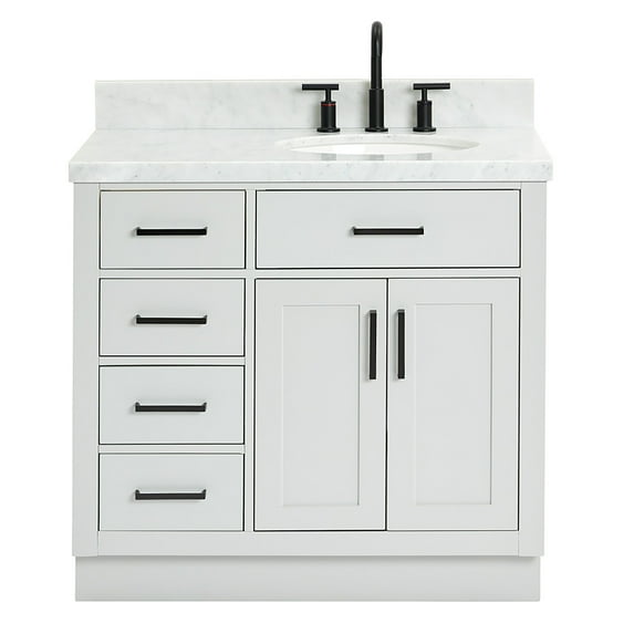 Ariel Hepburn 37 In. Right Offset Oval Sink Vanity With 1.5 In. Carrara White Countertop In Grey