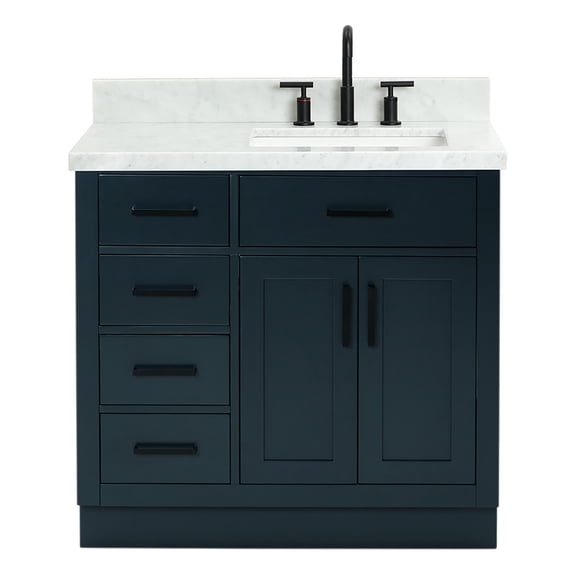 Ariel Hepburn 37 In. Right Offset Rectangle Sink Vanity With 1.5 In. Carrara White Countertop In Midnight Blue
