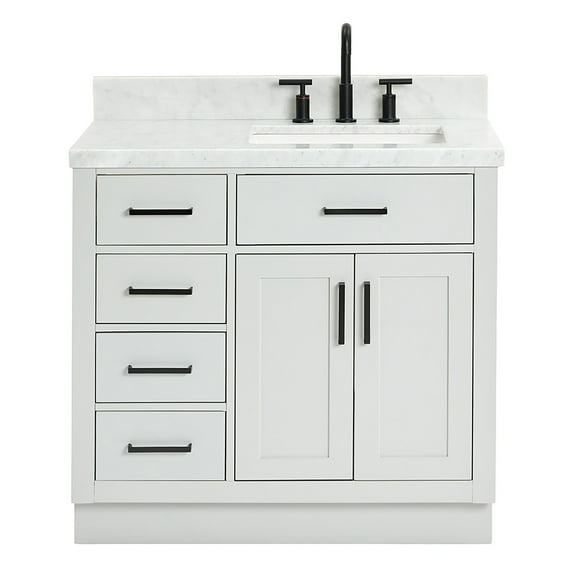 Ariel Hepburn 37 In. Right Offset Rectangle Sink Vanity With 1.5 In. Carrara White Countertop In Grey