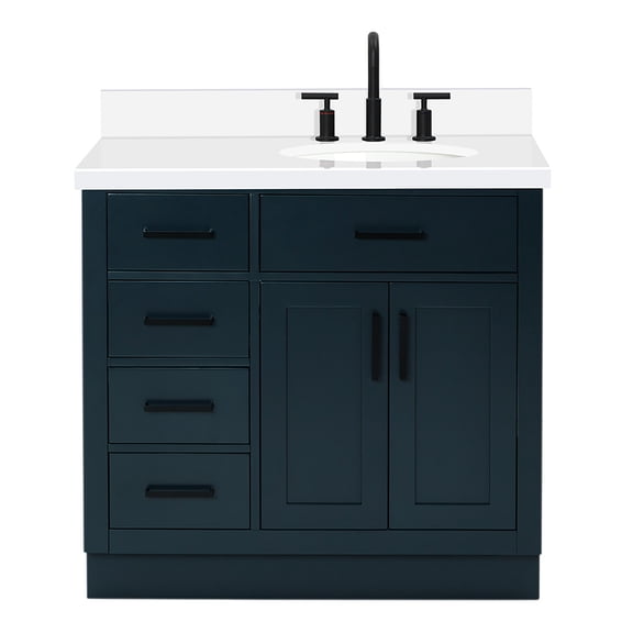 Ariel Hepburn 37 In. Right Offset Oval Sink Vanity With White Quartz Countertop In Midnight Blue