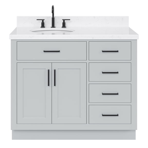 Ariel Hepburn 42 In. Left Offset Oval Sink Bathroom Vanity With Carrara White Quartz Countertop 1.5 Edge In Grey