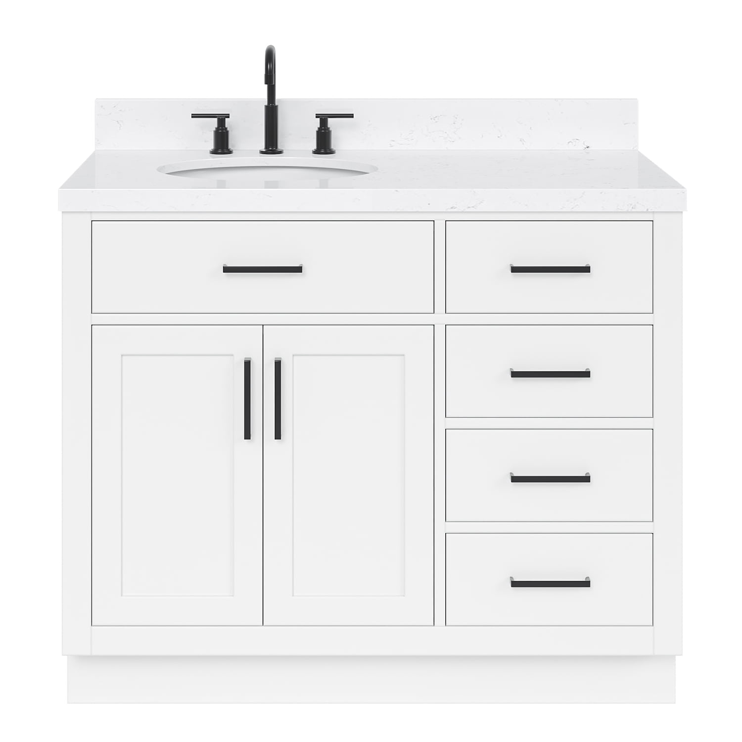 Sidmouth 42'' Solid Wood Single Bathroom Vanity with 1.5'' Carrara Quartz Top, Left Offset Oval Sink