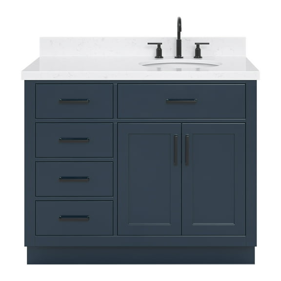 Ariel Hepburn 42 In. Right Offset Oval Sink Bathroom Vanity With Carrara White Quartz Countertop 1.5 Edge In Midnight Blue