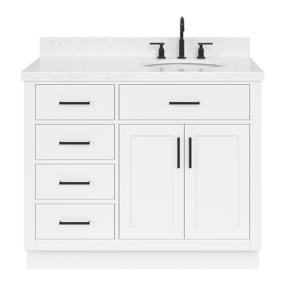 Ariel Hepburn 42 In. Right Offset Oval Sink Bathroom Vanity With Carrara White Quartz Countertop 1.5 Edge In White