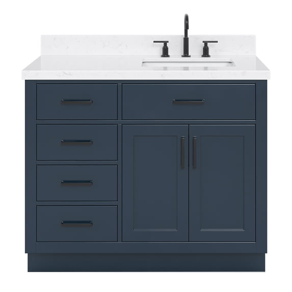 ARIEL Hepburn 42 Inch Single Sink Bathroom Vanity in Midnight Blue, 1.5" Edge Carrara Quartz Top, Solid Wood, Right Rectangular Sink, 2 Soft Closing Doors, 5 Full Extension Dovetail Drawers, Toe Kick