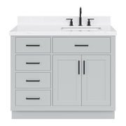 ARIEL Hepburn 42 Inch Single Sink Bathroom Vanity in Gray, 1.5" Edge Carrara Quartz Top, Solid Wood, Right Rectangular Sink, 2 Soft Closing Doors, 5 Full Extension Dovetail Drawers, Toe Kick