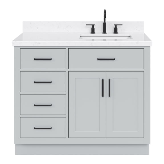 ARIEL Hepburn 42 Inch Single Sink Bathroom Vanity in Gray, 1.5" Edge Carrara Quartz Top, Solid Wood, Right Rectangular Sink, 2 Soft Closing Doors, 5 Full Extension Dovetail Drawers, Toe Kick