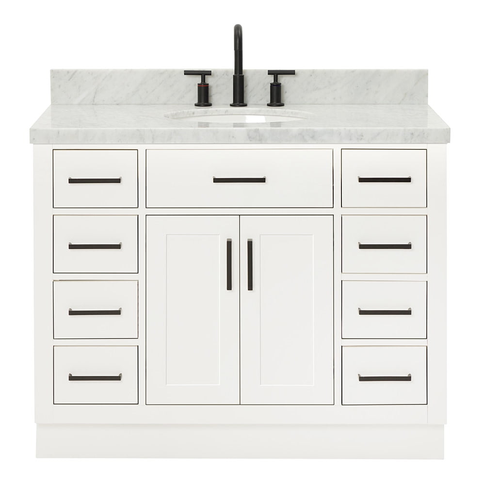 White Freestanding Vanity with Carrara Marble Top and Basin