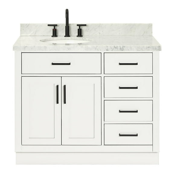 Ariel Hepburn 43 In. Left Offset Oval Sink Vanity With 1.5 In. Carrara White Countertop In White