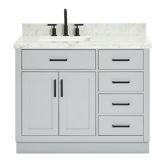 Ariel Hepburn 43 In. Left Offset Rectangle Sink Vanity With 1.5 In. Carrara White Countertop In Grey