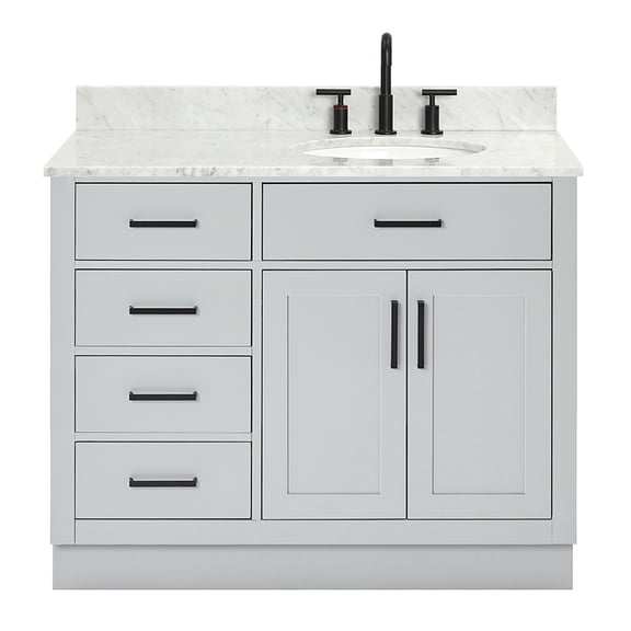 Ariel Hepburn 43 In. Right Offset Oval Sink Vanity With 0.75 In. Carrara White Countertop In Grey