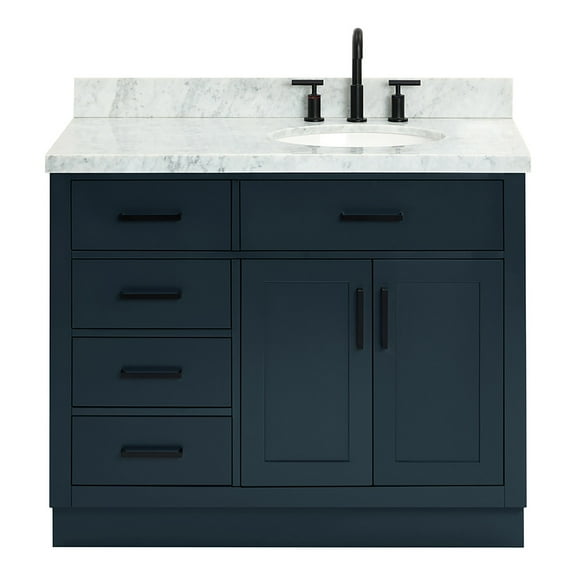 Ariel Hepburn 43 In. Right Offset Oval Sink Vanity With 1.5 In. Carrara White Countertop In Midnight Blue