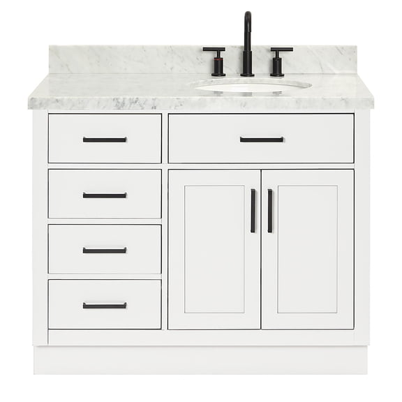 Ariel Hepburn 43 In. Right Offset Oval Sink Vanity With 1.5 In. Carrara White Countertop In White