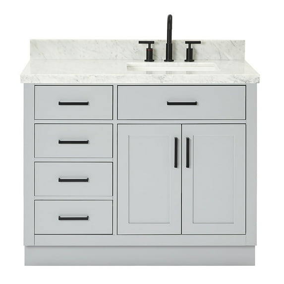 Ariel Hepburn 43 In. Right Offset Rectangle Sink Vanity With 1.5 In. Carrara White Countertop In Grey