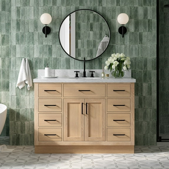 Ariel Hepburn 49 Inch Single Oval Sink Bathroom Vanity With Italian Carrara Marble Countertop 1.5 Inch Edge In Oak