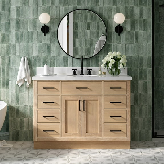 Ariel Hepburn 49 Inch Single Oval Sink Bathroom Vanity With Pure White Quartz Countertop 1.5 Inch Edge In Oak