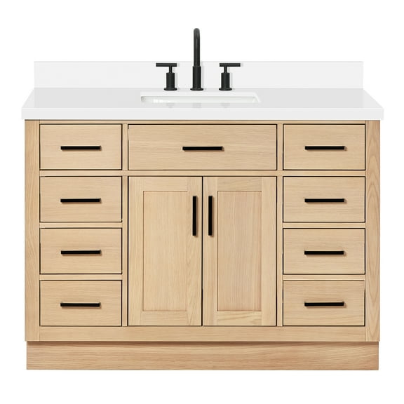 ARIEL Hepburn 49 Inch Single Rectangle Sink Bathroom Vanity With Pure White Quartz Countertop 1.5 Inch Edge In Oak