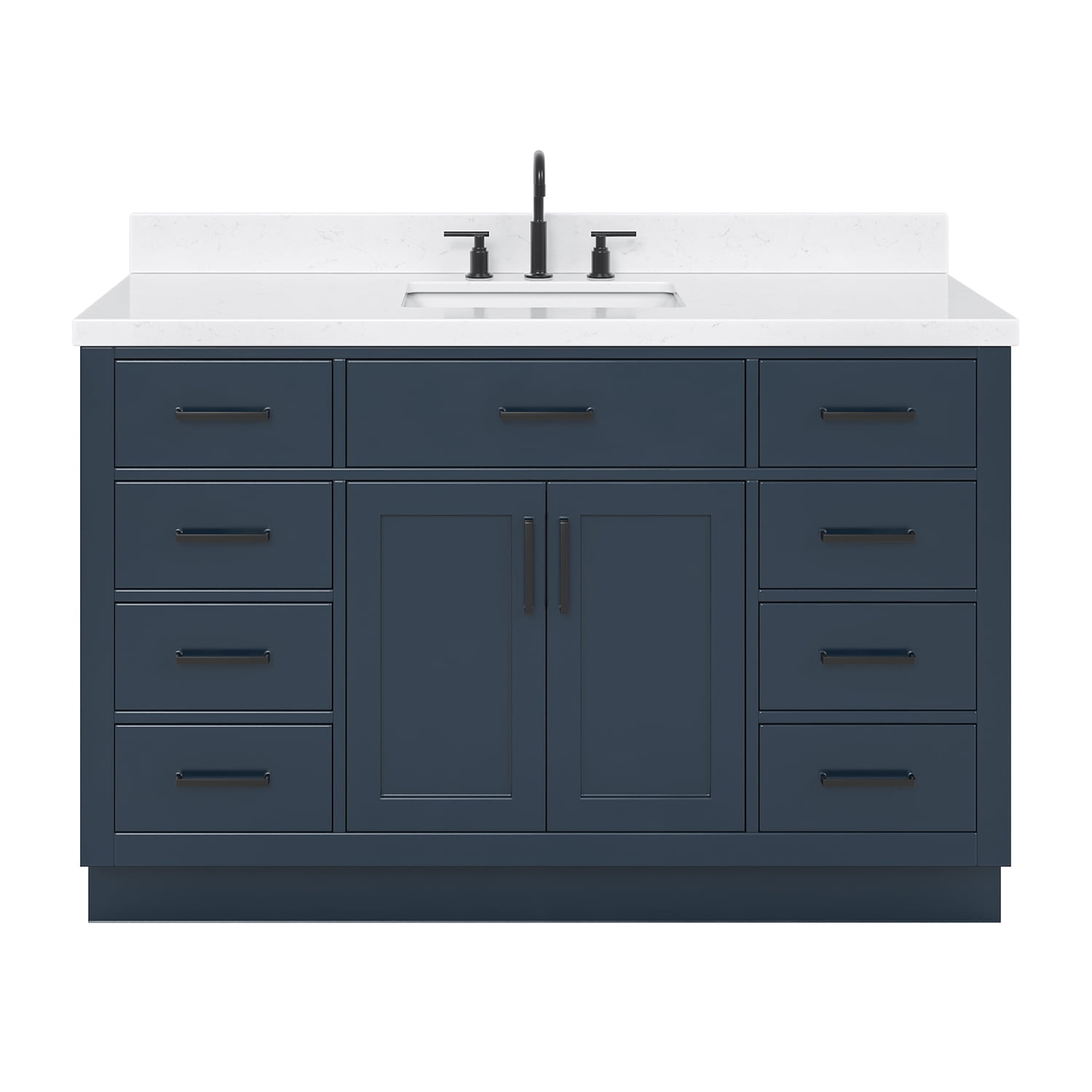 ARIEL Hepburn 54" Midnight Blue Bathroom Vanity, 1.5" Edge Carrara Quartz Countertop & Splash, Single Rectangular Sink, 2 Soft Closing Doors, 9 Full Extension Dovetail Drawers, Toe Kick, Matte Black