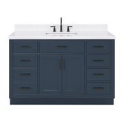 ARIEL Hepburn 54" Midnight Blue Bathroom Vanity, 1.5" Edge Carrara Quartz Countertop & Splash, Single Rectangular Sink, 2 Soft Closing Doors, 9 Full Extension Dovetail Drawers, Toe Kick, Matte Black
