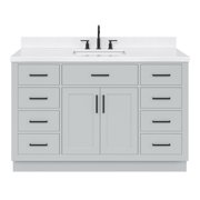 ARIEL Hepburn 54" Grey Bathroom Vanity, 1.5" Edge Carrara Quartz Countertop & Splash, Single Rectangular Sink, 2 Soft Closing Doors, 9 Full Extension Dovetail Drawers, Toe Kick, Matte Black