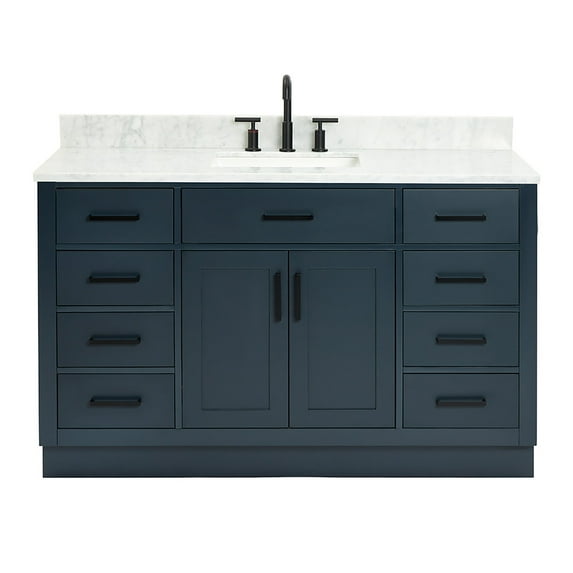 Ariel Hepburn 55 In. Rectangle Sink Vanity With 0.75 In. Carrara White Countertop In Midnight Blue