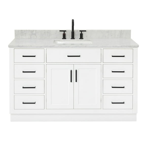 Ariel Hepburn 55 In. Rectangle Sink Vanity With Carrara White Countertop In White