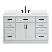 ARIEL Bathroom Vanity 55" Grey with 1.5" Edge Pure White Quartz Countertop & Backsplash, Center Rectangular Sink, 2 Soft Closing Doors, 9 Full Extension Dovetail Drawers, Toe Kick, Matte Black