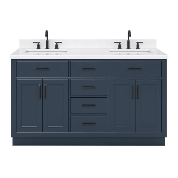 ARIEL Hepburn 60" Midnight Blue Double Vanity, 1.5" Edge Carrara Quartz Countertop & Splash, Rectangular Sinks, 4 Soft Closing Doors, 6 Full Extension Dovetail Drawers, Toe Kick, Matte Black