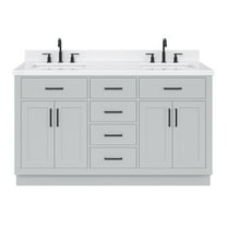 ARIEL Hepburn 60" Grey Double Vanity, 1.5" Edge Carrara Quartz Countertop & Splash, Rectangular Sinks, 4 Soft Closing Doors, 6 Full Extension Dovetail Drawers, Toe Kick, Matte Black