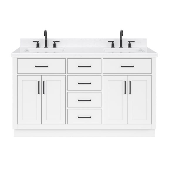 ARIEL 60" White Double Bathroom Vanity with Sink, 1.5" Edge Carrara Quartz Countertop & Backsplash, Rectangular Sinks, 4 Soft Closing Doors, 4 Full Extension Dovetail Drawers, Toe Kick, Matte Black