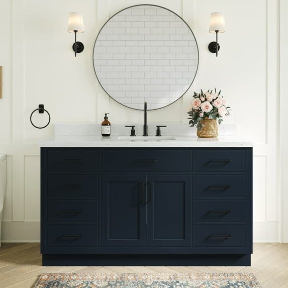 Ariel Hepburn 60 In. Rectangle Sink Bathroom Vanity With Carrara White Quartz Countertop 1.5 Edge In Midnight Blue
