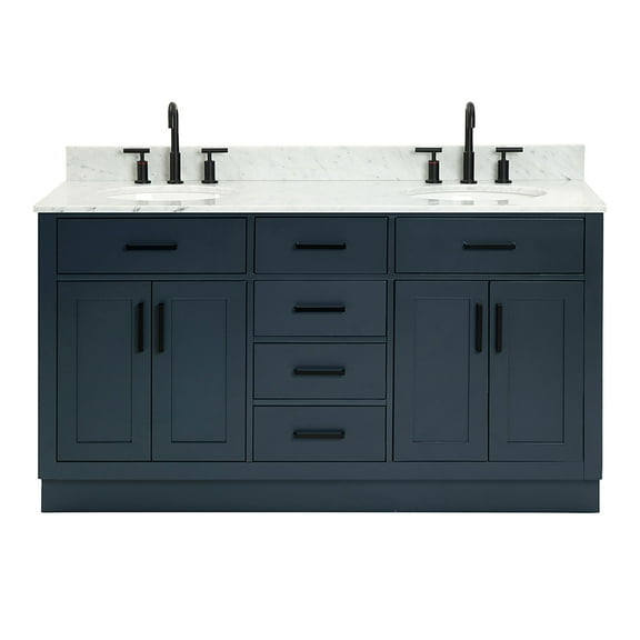 Ariel Hepburn 61 In. Double Oval Sink Vanity With 0.75 In. Carrara White Countertop In Midnight Blue