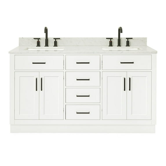 Ariel Hepburn 61 In. Double Rectangle Sink Vanity With 0.75 In. Carrara White Countertop In White
